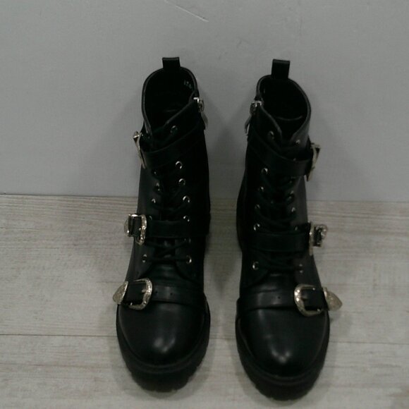 Dolls Kill Combat Moto Lace up Black Boots with Silver Buckle Strap Size 6 - Picture 13 of 13